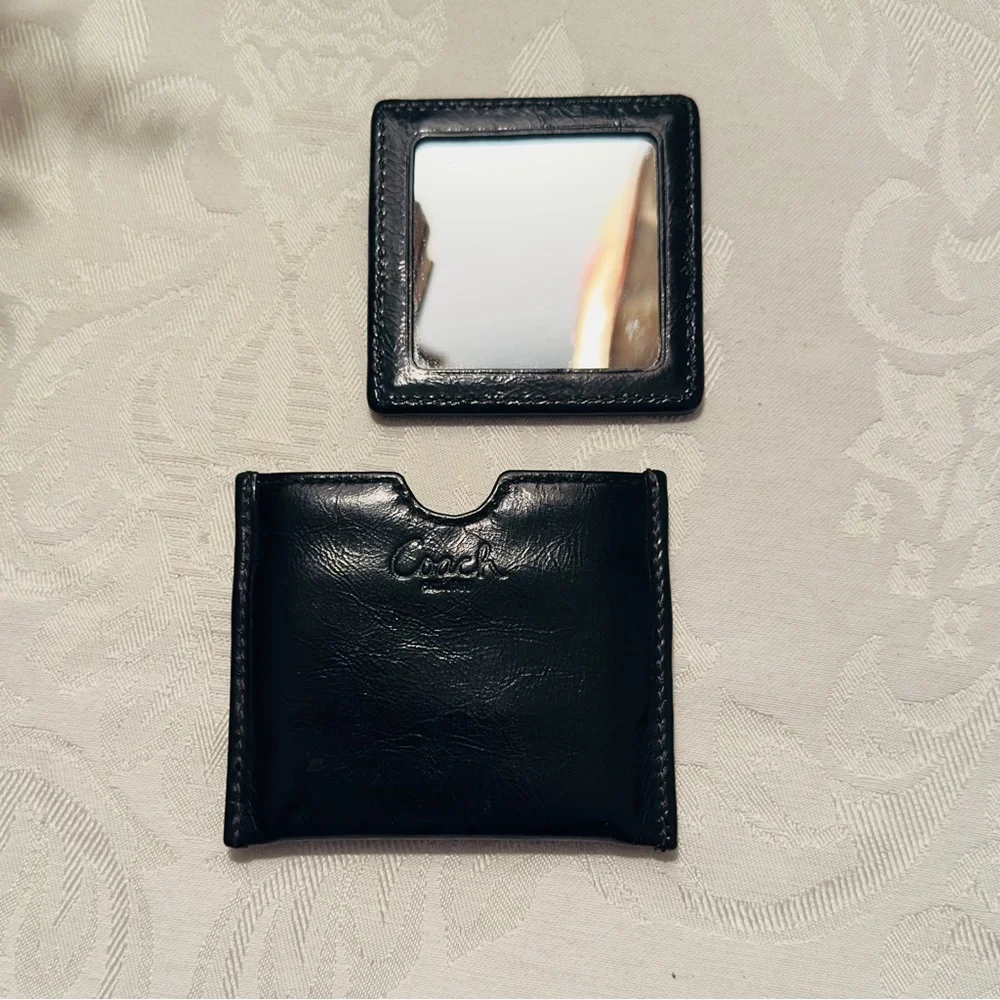Coach Vintage Black Leather Double - Sided Mirror w/ Case 1990s